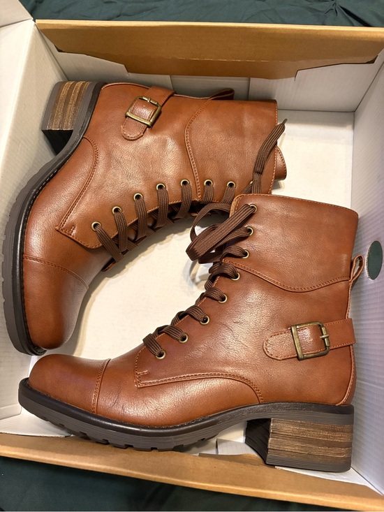 Indigo Shoes - Indigo Cognac Brown Lace-Up Leather-Style Boots with Side Buckle